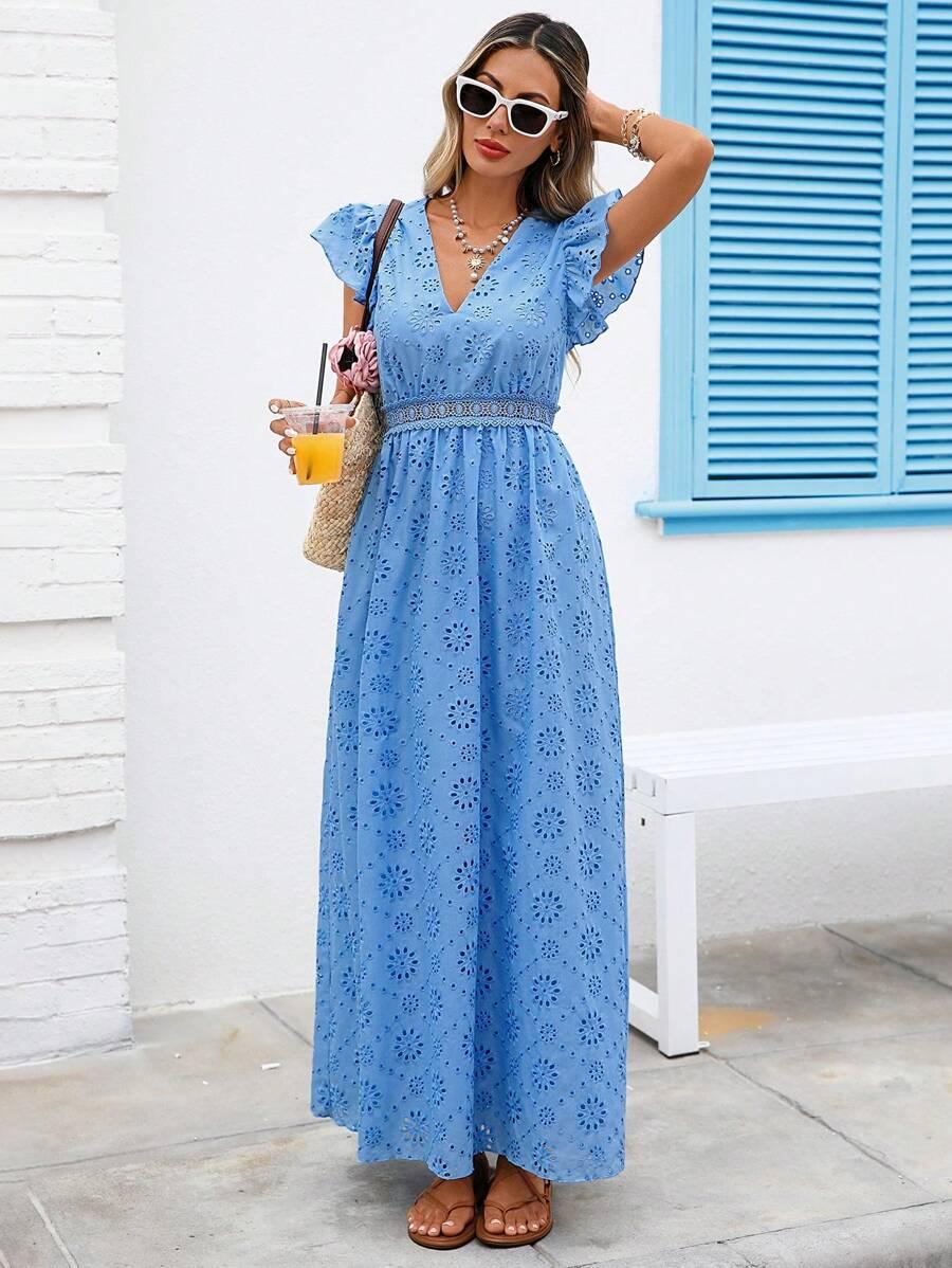 niebieska maxi sukienka v-neck