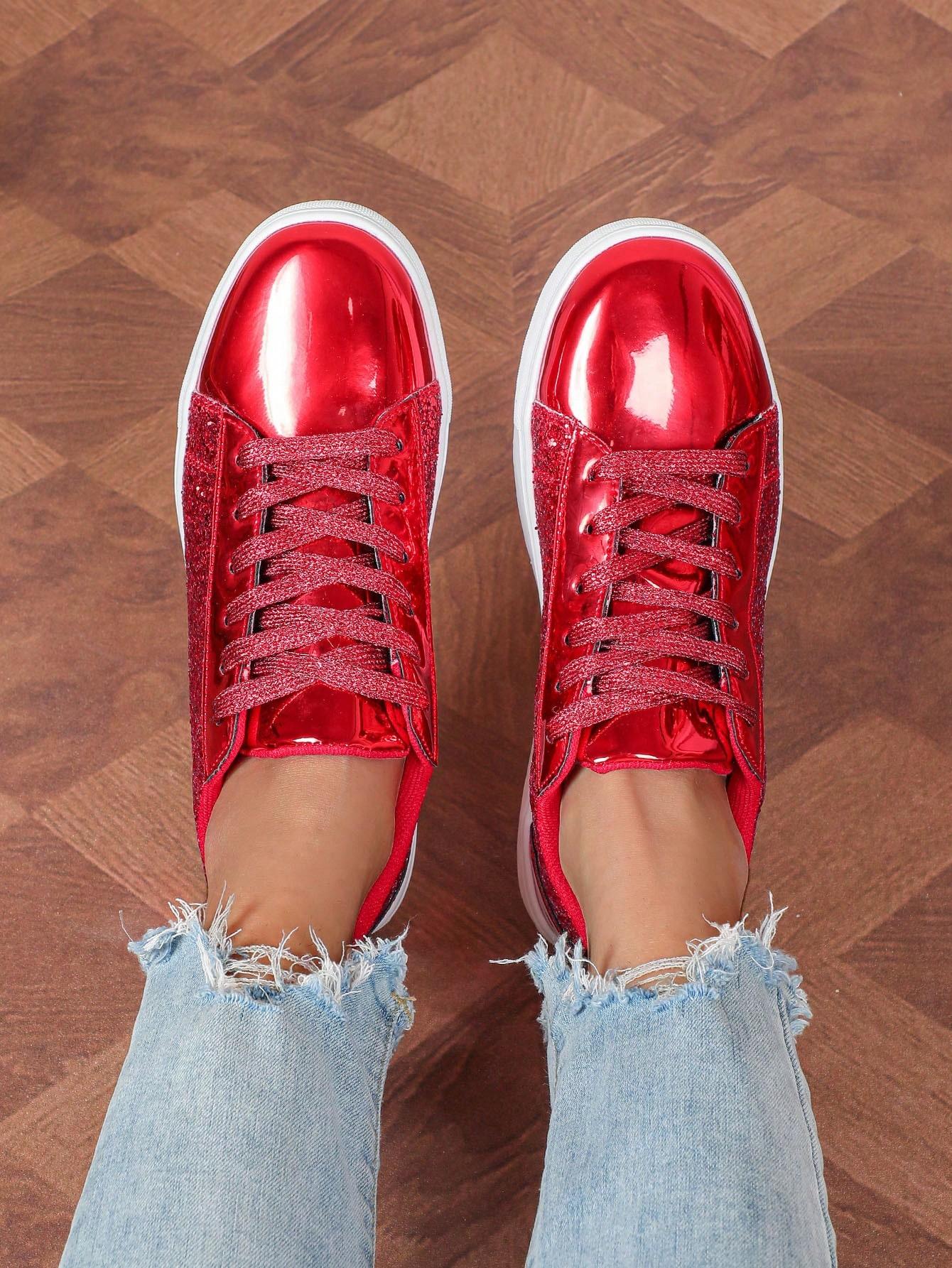 CZERWONE SZNUROWANE BUTY SPORTOWE POŁYSK 