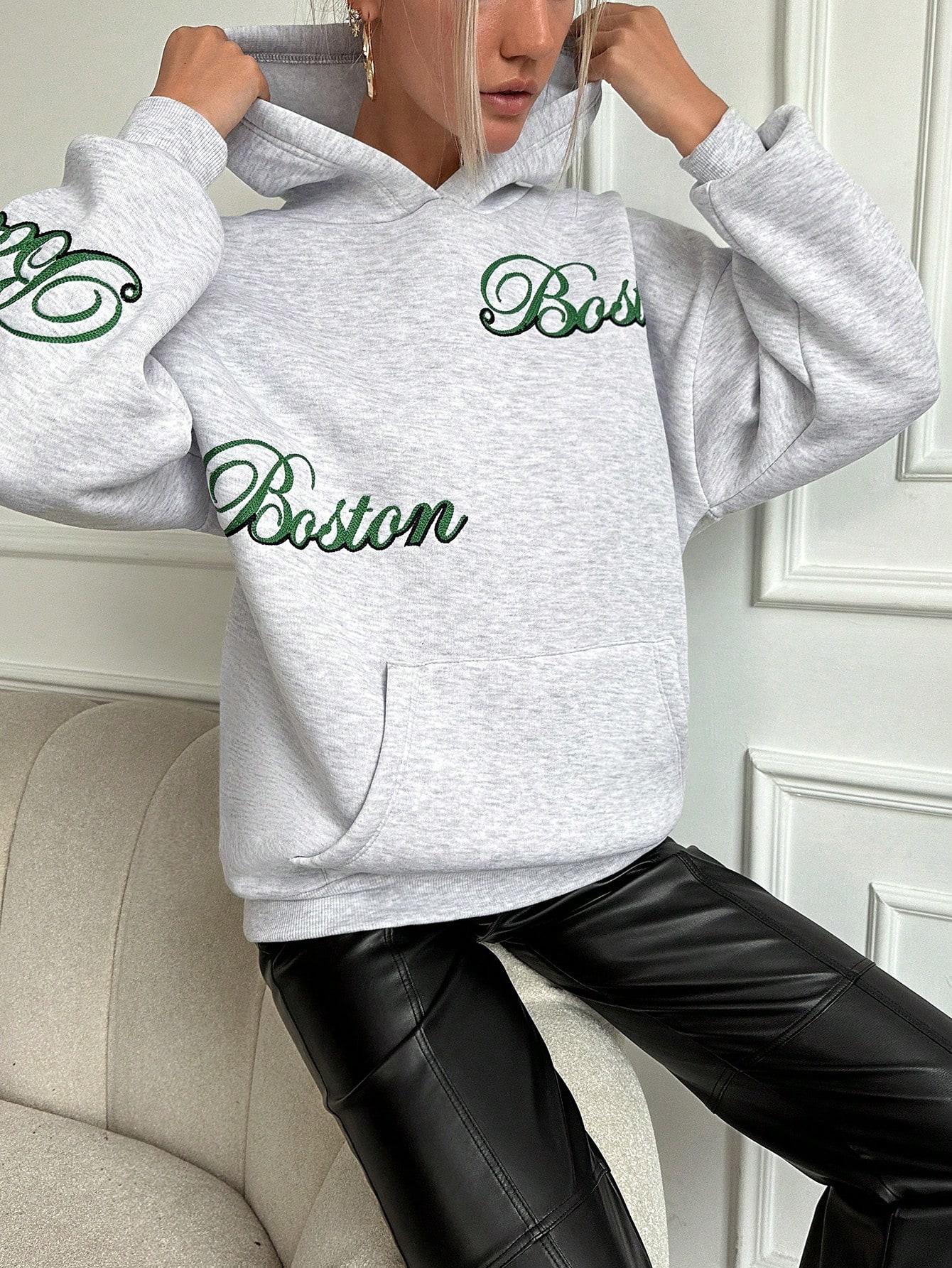 szara BLUZA Z KAPTUREM haft Boston