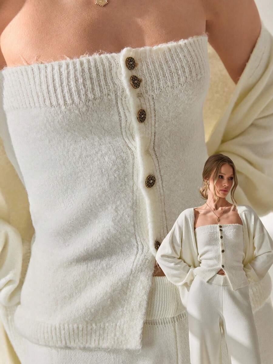 komplet sweter narzutka top guziki