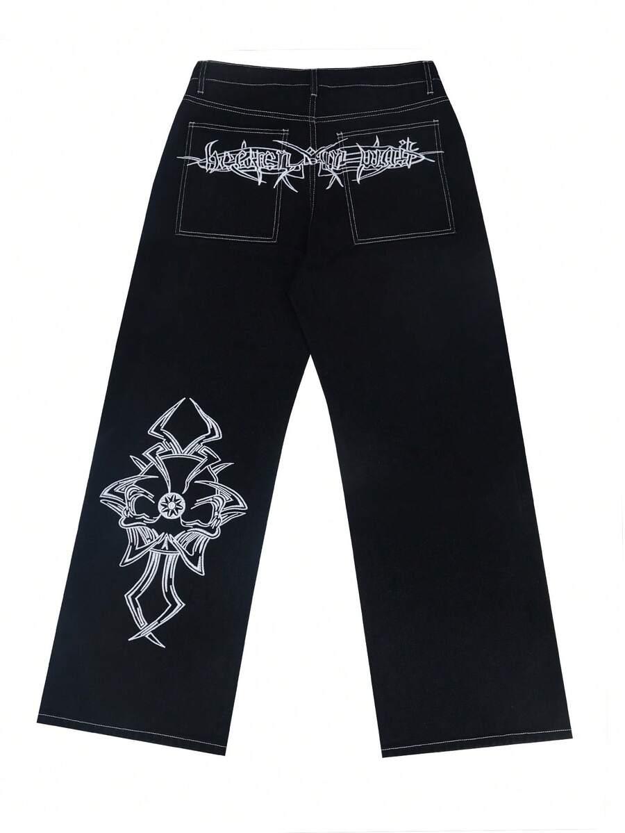 czarne spodnie jeans print