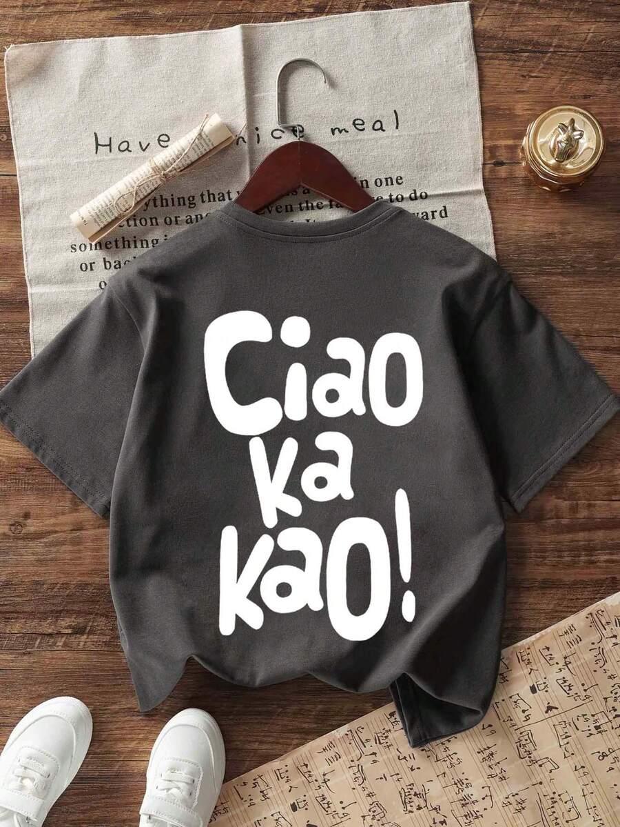 szary t-shirt napis ciao ka kao