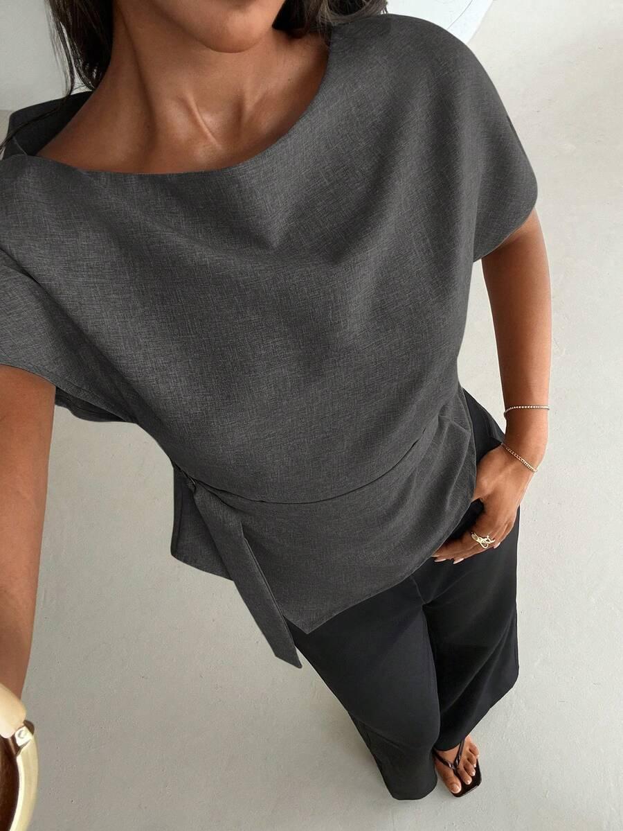 SZARA BLUZKA Z KRÓTKIM RĘKAWEM