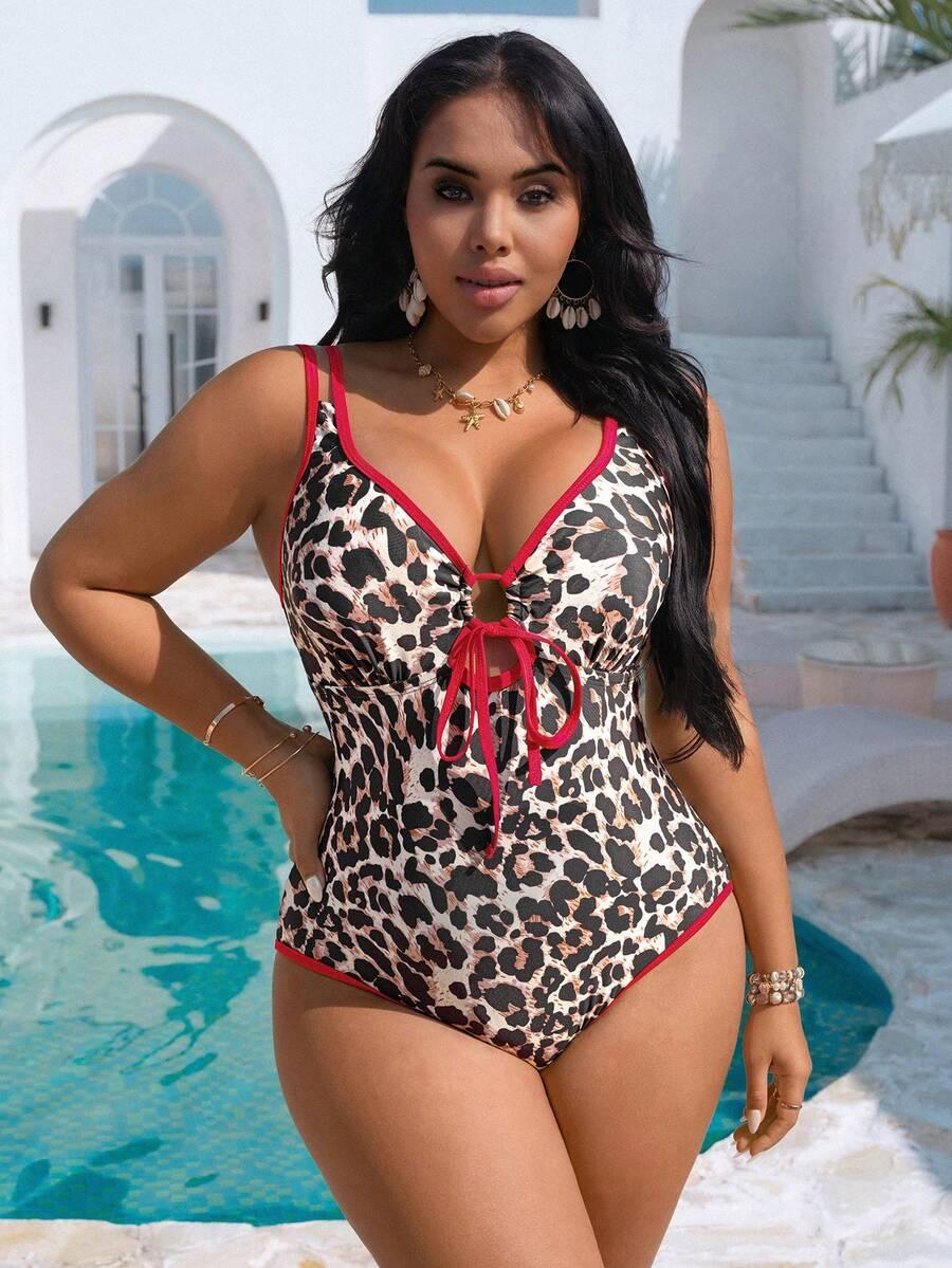 jednoczęściowy strój kąpielowy animal print kontrast 