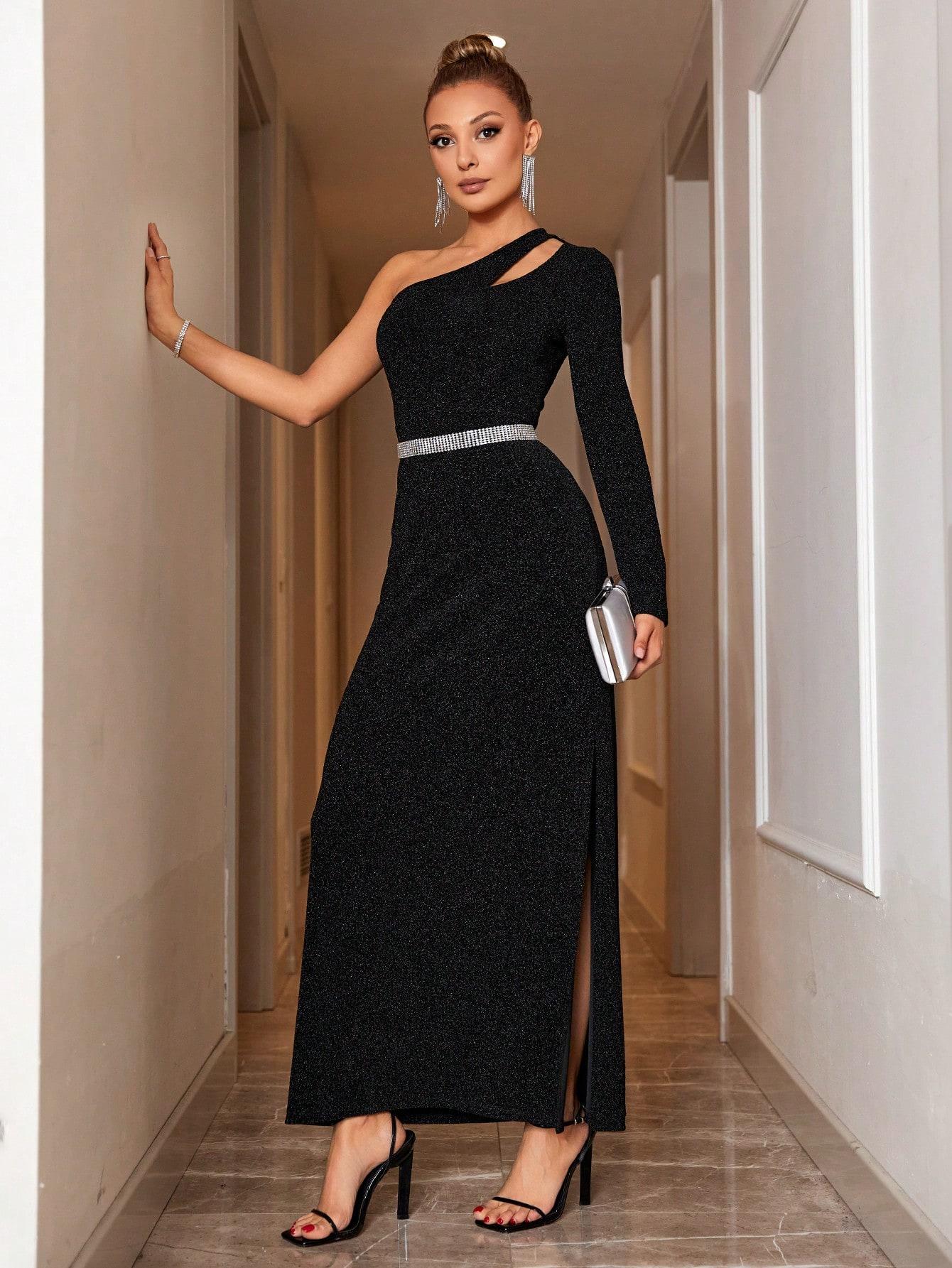 czarna asymetryczna brokatowa maxi sukienka rozporek