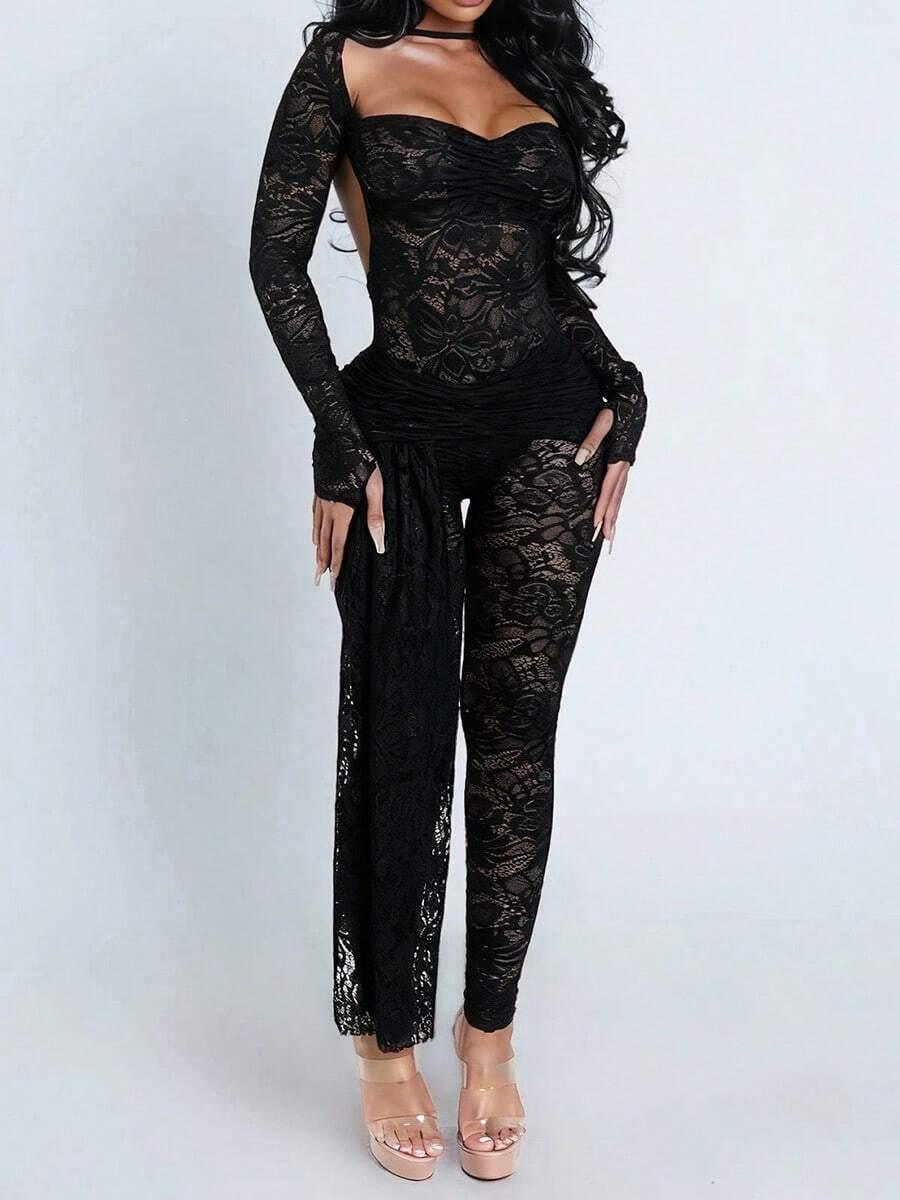 czarny koronkowy komplet body spodnie