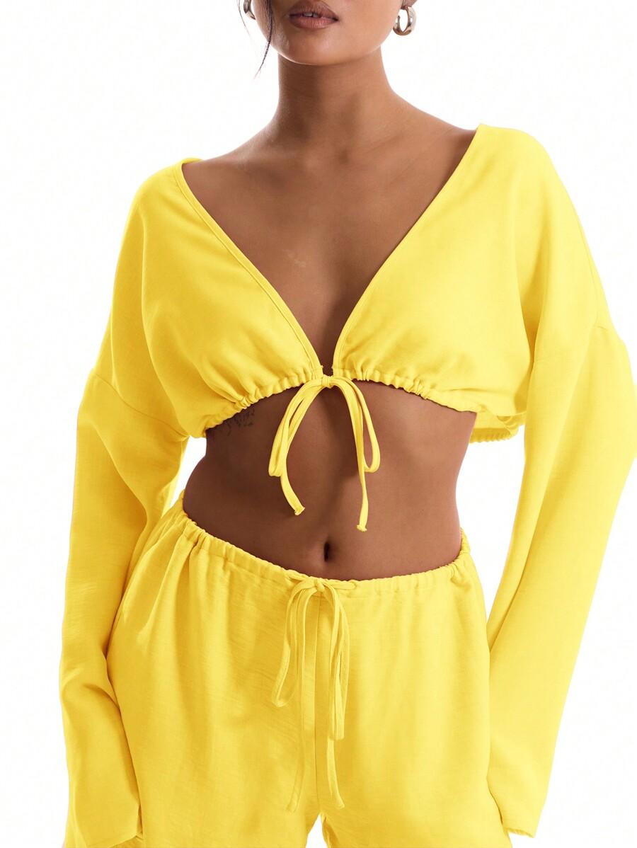 ŻÓŁTY CROP TOP WIĄZANIE