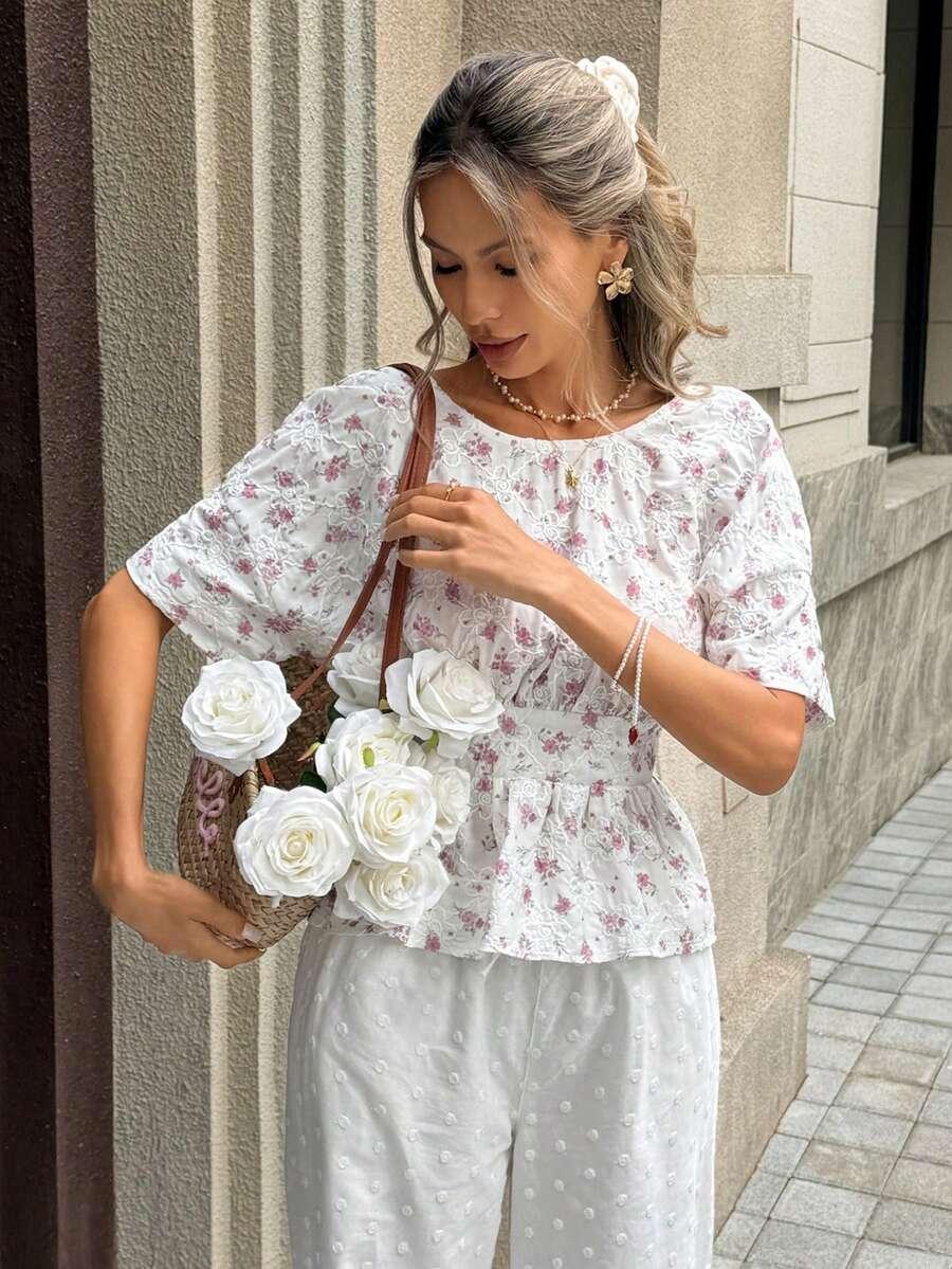 BIAŁA BLUZKA ODKRYTE PLECY WZÓR KWIATY