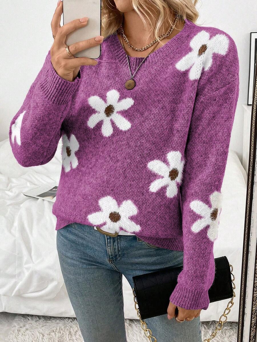 fioletowy sweter kwiaty