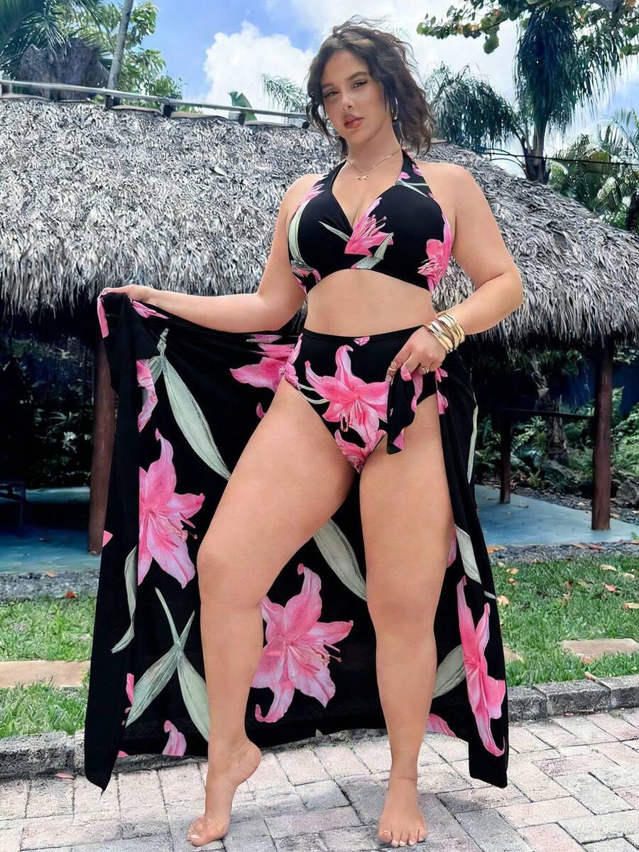 KOMPLET BIKINI Z NARZUTKĄ W KWIATY