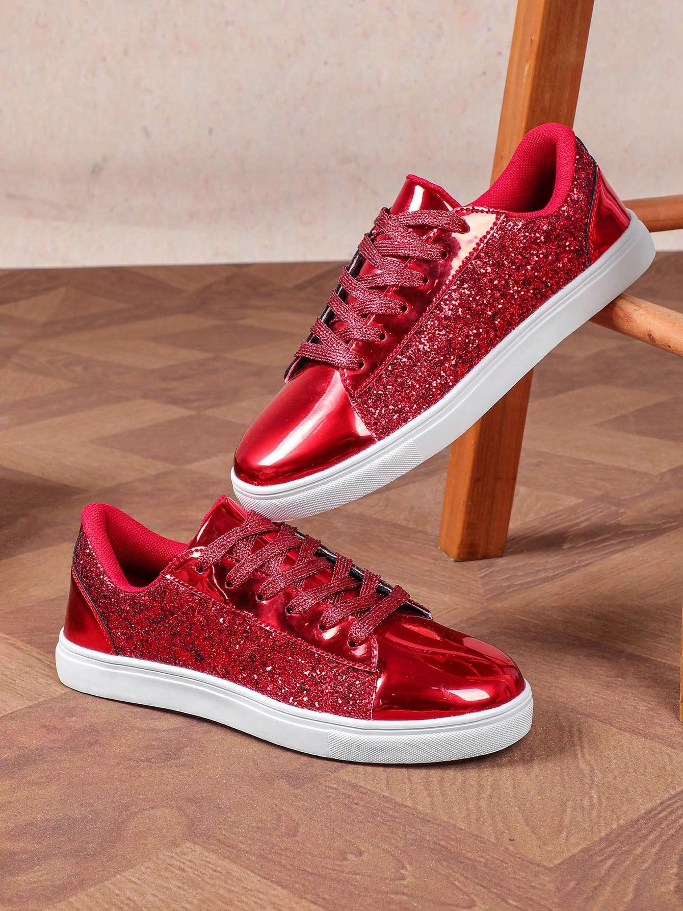 CZERWONE SZNUROWANE BUTY SPORTOWE POŁYSK 