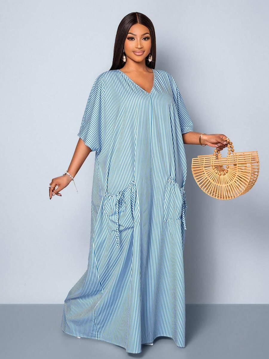 MAXI SUKIENKA WZÓR paski v-neck