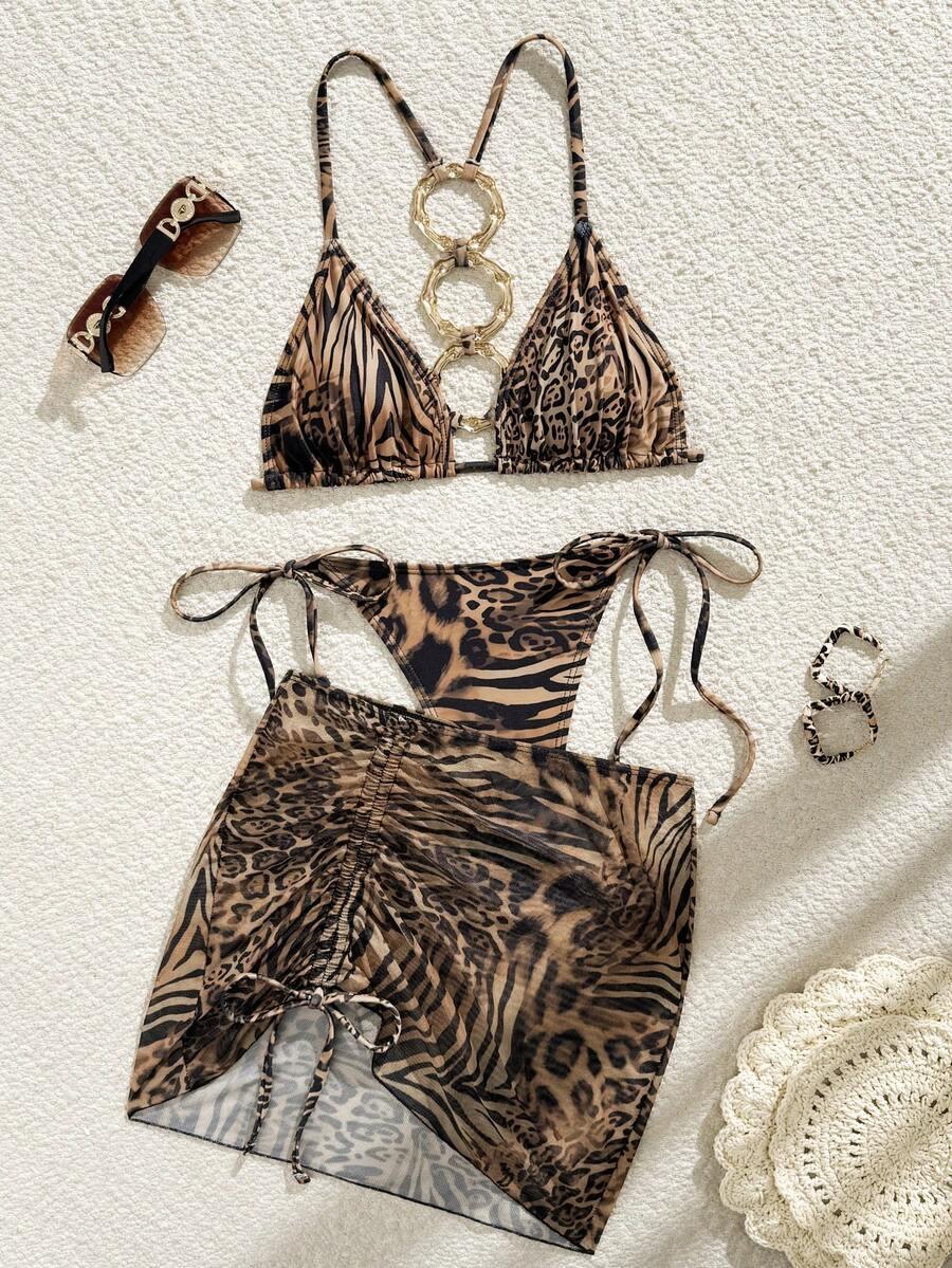 KOMPLET BIKINI W PANTERKĘ Z NARZUTKĄ