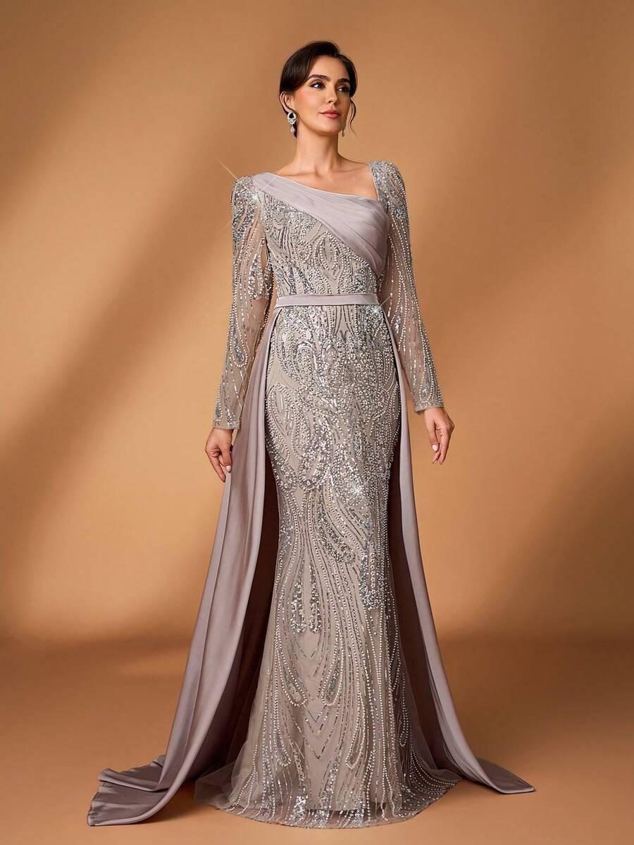 BEŻOWA MAXI SUKIENKA CEKINY