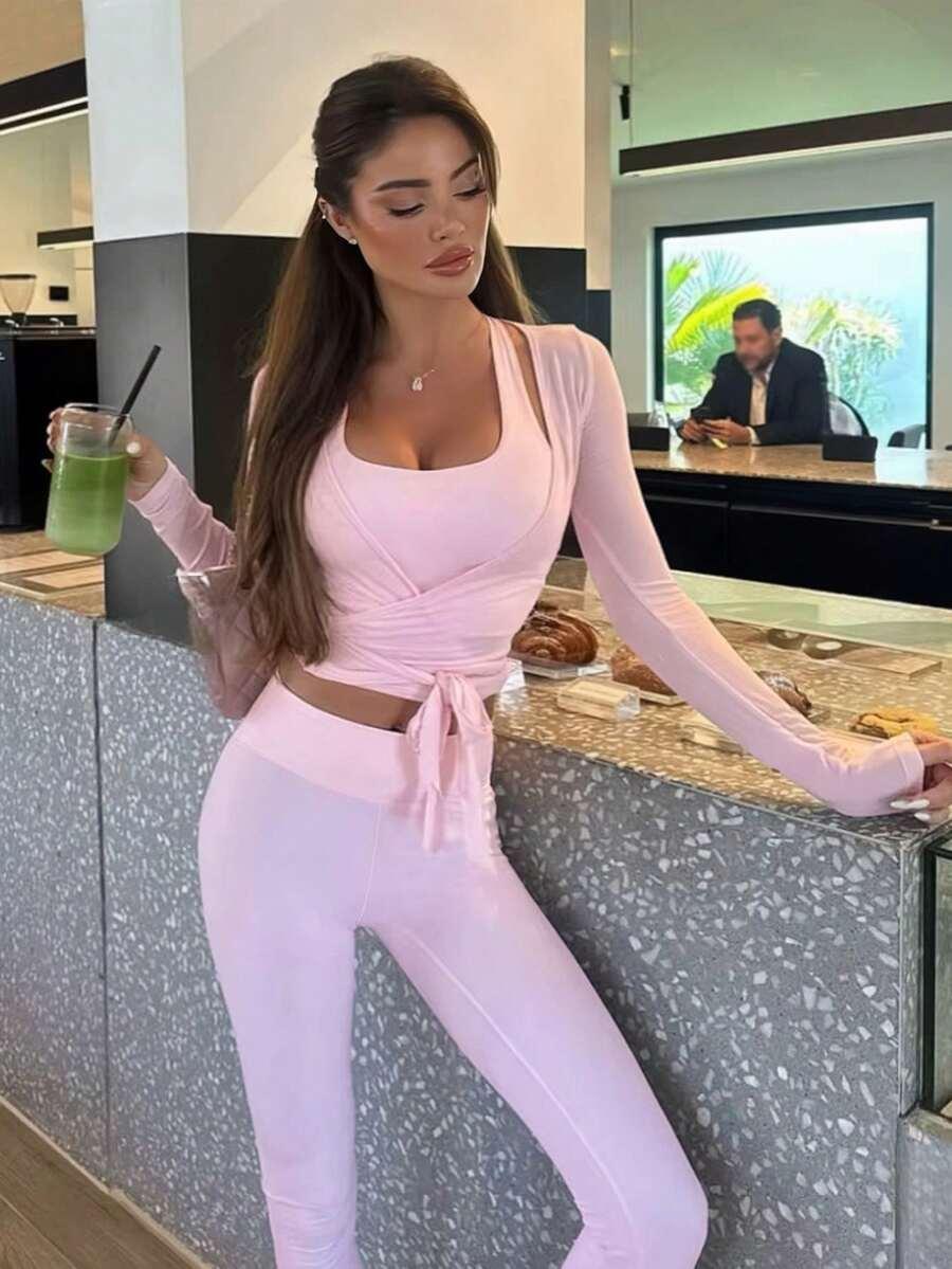 RÓŻOWY KOMPLET TOP BLUZKA LEGGINSY