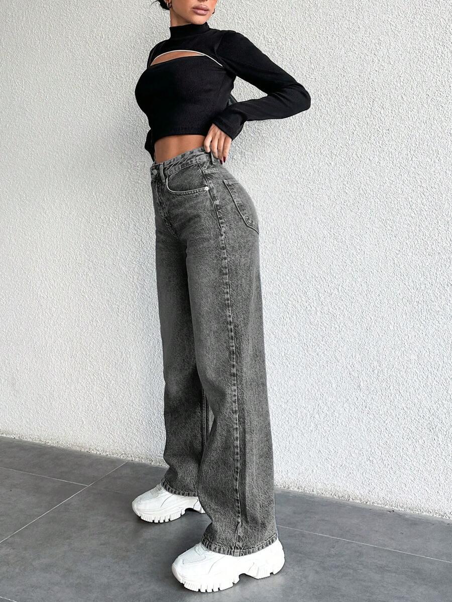 SZARE SPODNIE JEANS WYSOKI STAN 