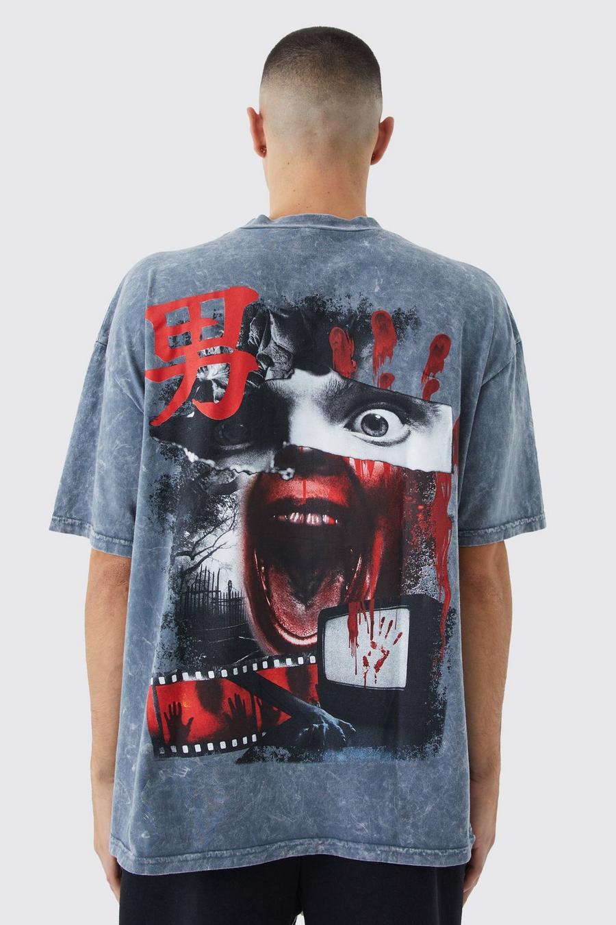 szary t-shirt acid wash effect nadruk oversize