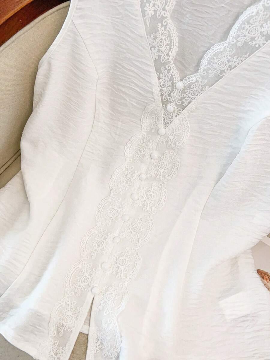 BIAŁA BLUZKA V-NECK KORONKA 