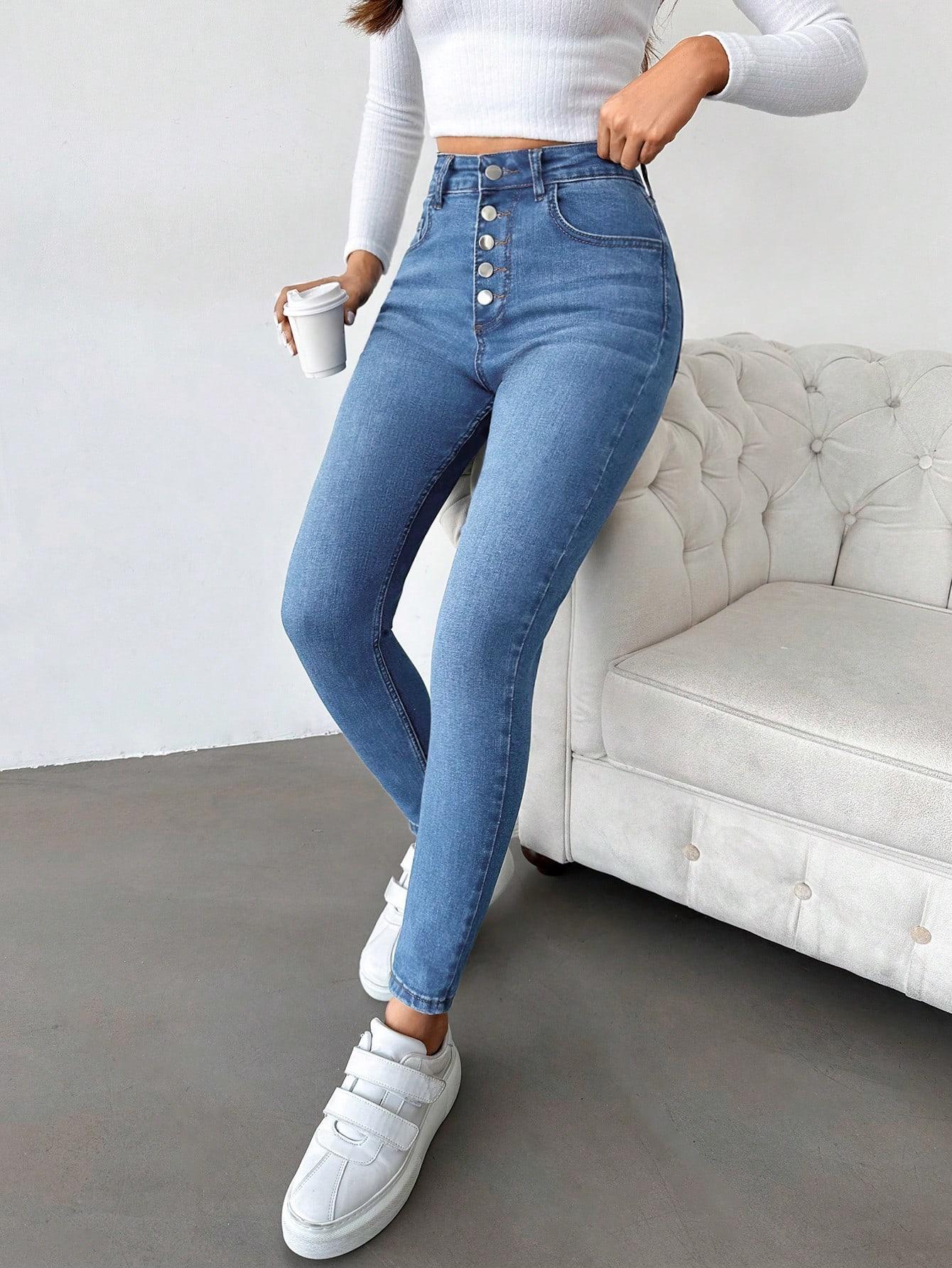spodnie rurki jeans high waist guziki kieszenie