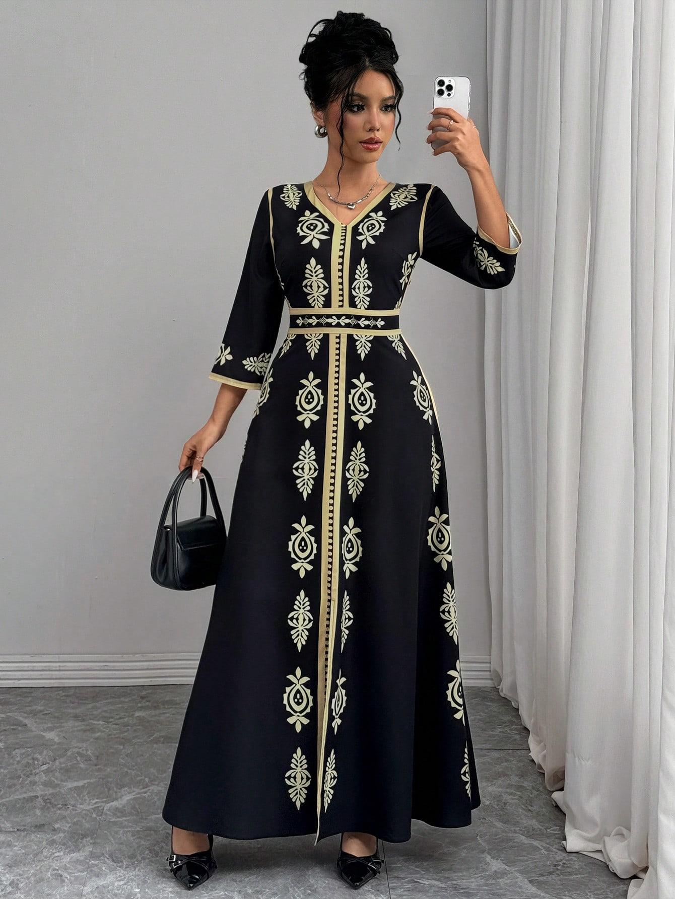SUKIENKA MAXI Z DŁUGIM RĘKAWEM GEOMETRYCZNA KOSZULA V-NECK