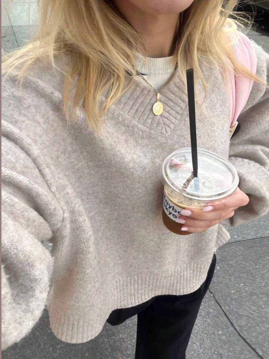 BEŻOWY DZIANINOWY sweter v neck 