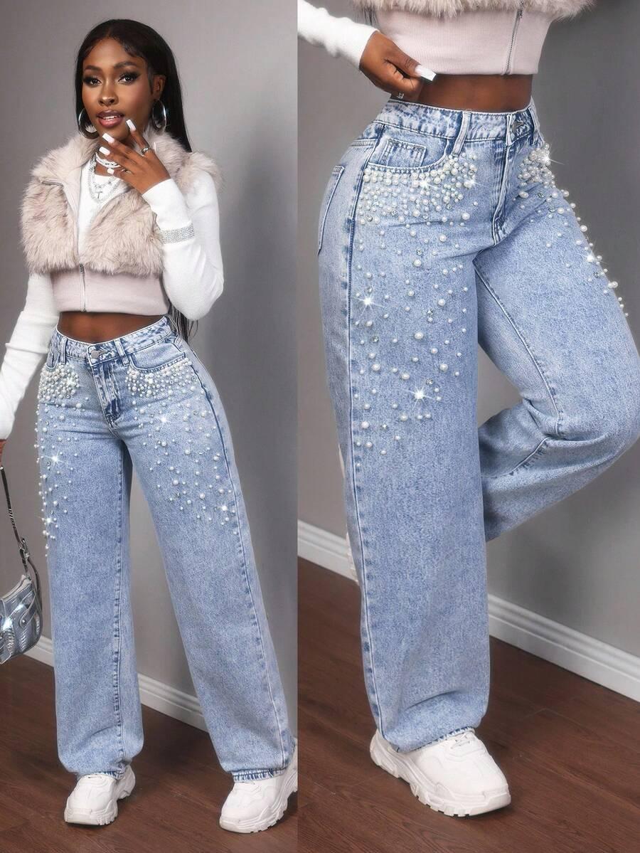 niebieskie spodnie jeans perełki