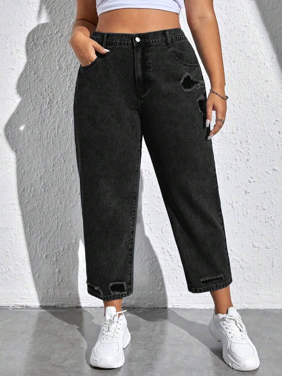 SPODNIE JEANSOWE MOM JEANS Z PRZETRACIAMI