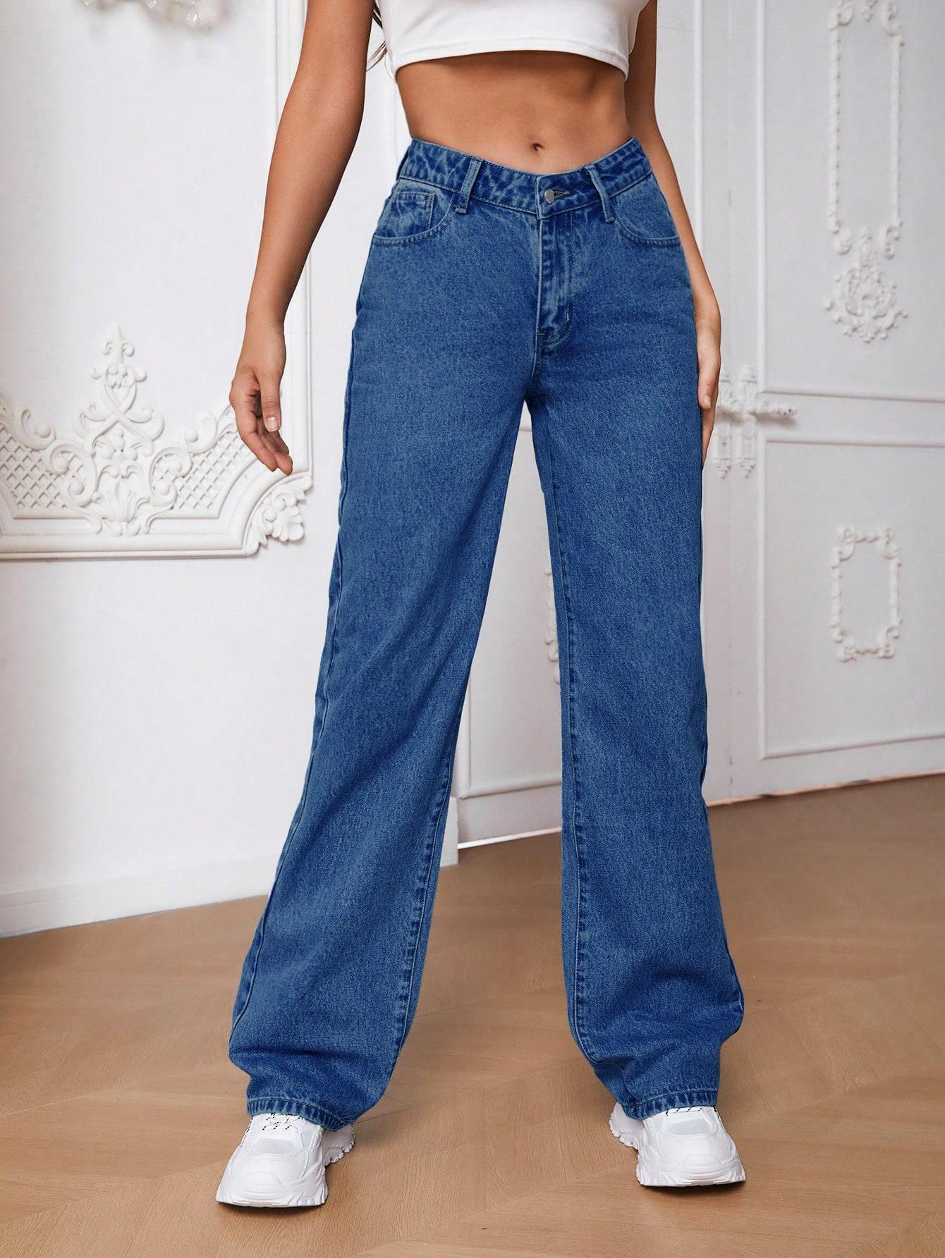 niebieskie proste spodnie jeans 