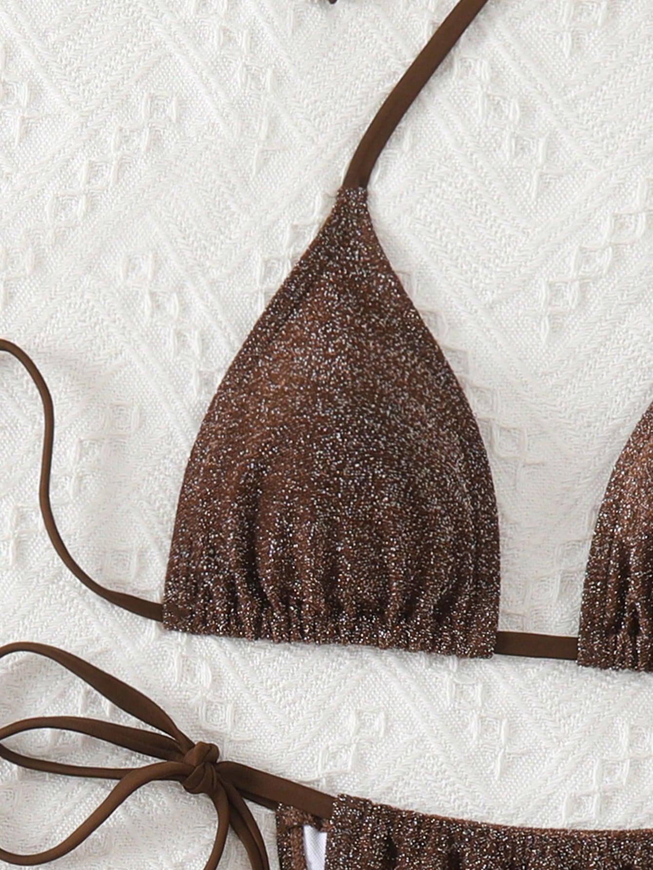 brązowe bikini komplet połysk