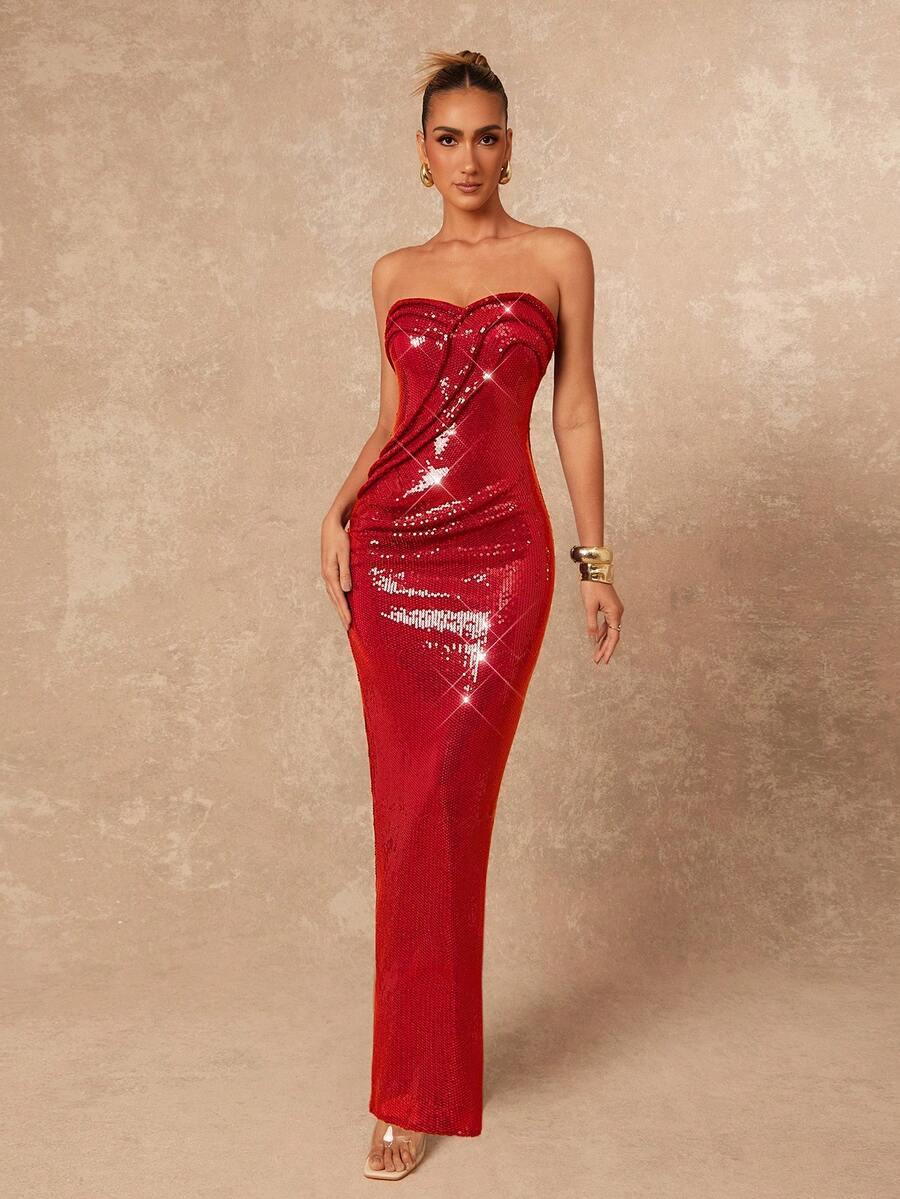 czerwona maxi sukienka cekiny