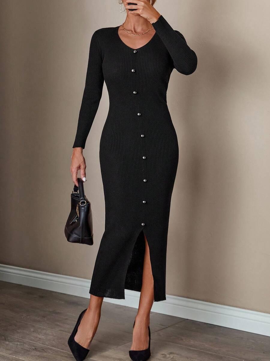 dzianinowa sukienka v neck guziki