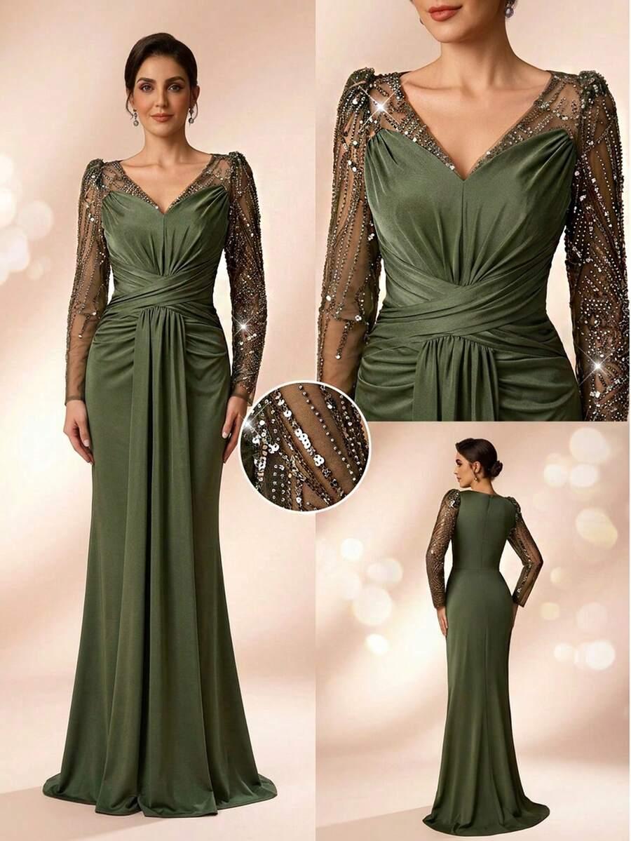 ZIELONA MAXI SUKIENKA V-NECK połysk
