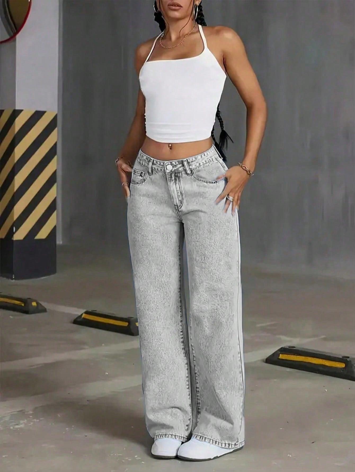 szare spodnie jeans proste nogawki 