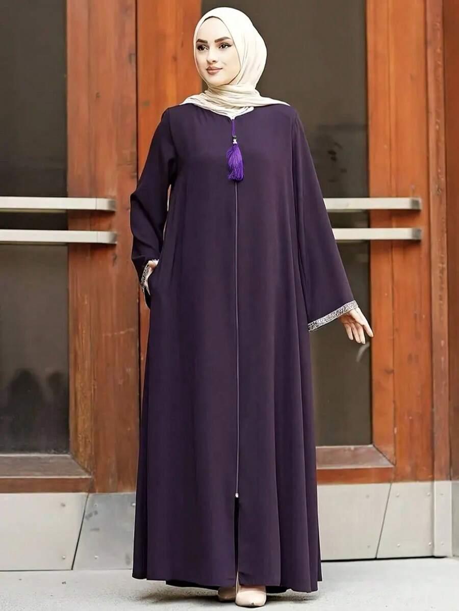 FIOLETOWA MAXI SUKIENKA frędzle połysk