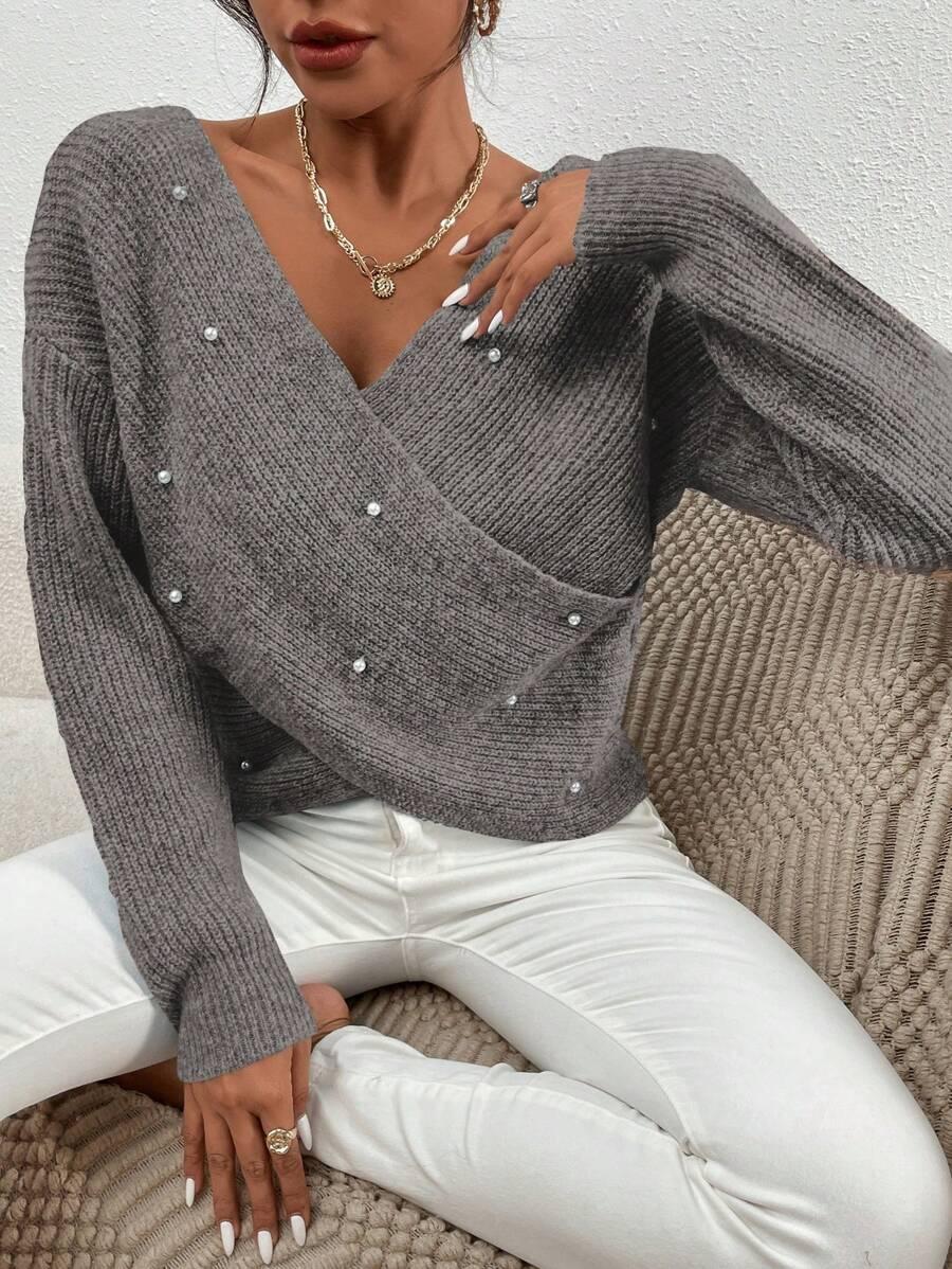 SZARY SWETER V-NECK ZDOBIENIA
