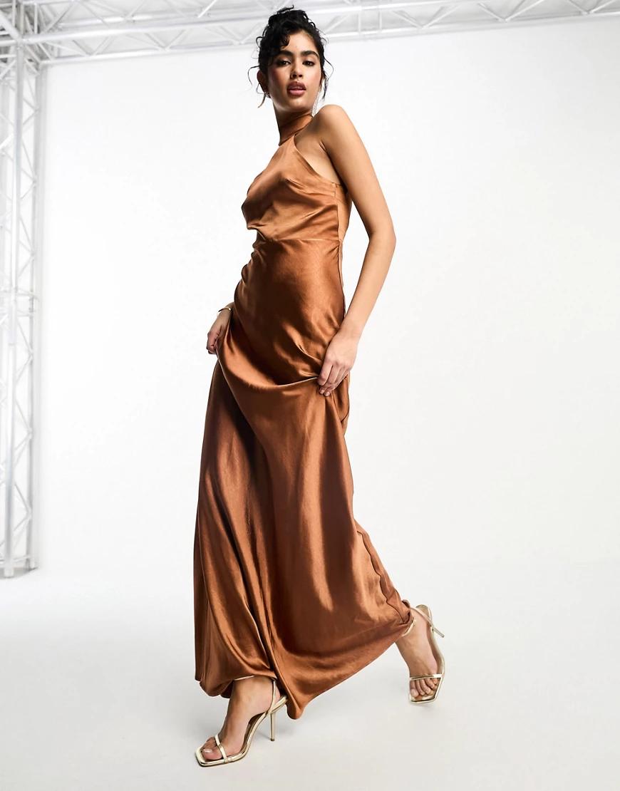 brązowa satynowa maxi sukienka wiązanie