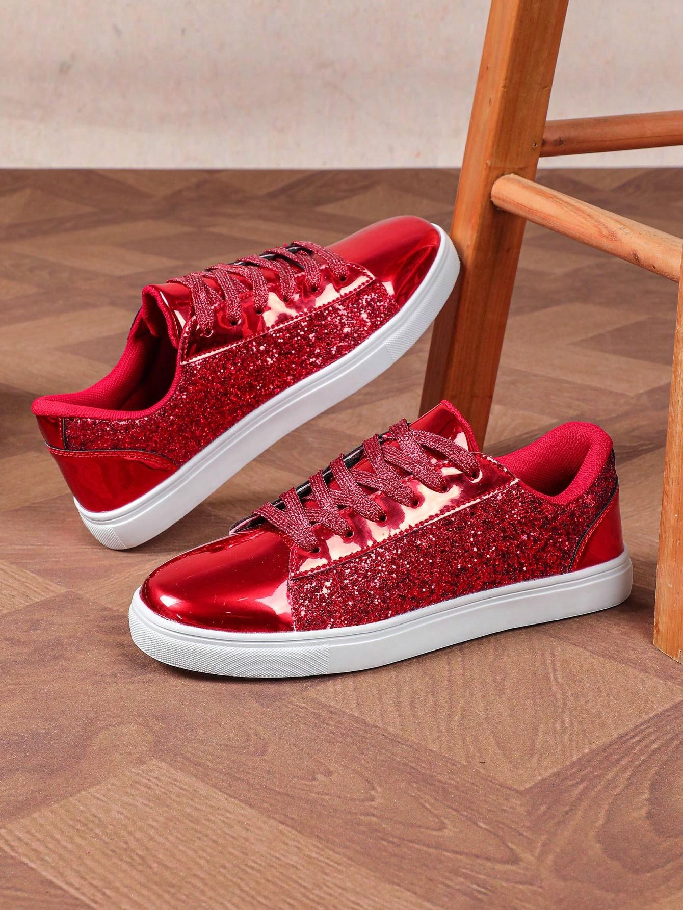 CZERWONE SZNUROWANE BUTY SPORTOWE POŁYSK 
