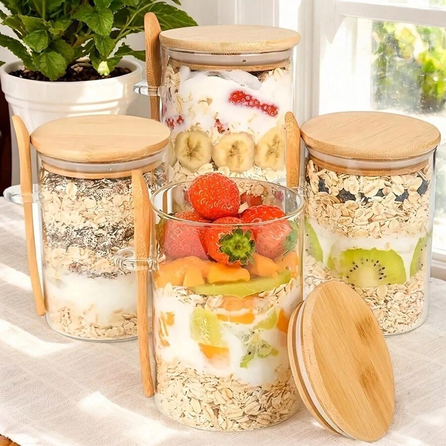 szklany słoik z pokrywką i łyżeczką 4-pack