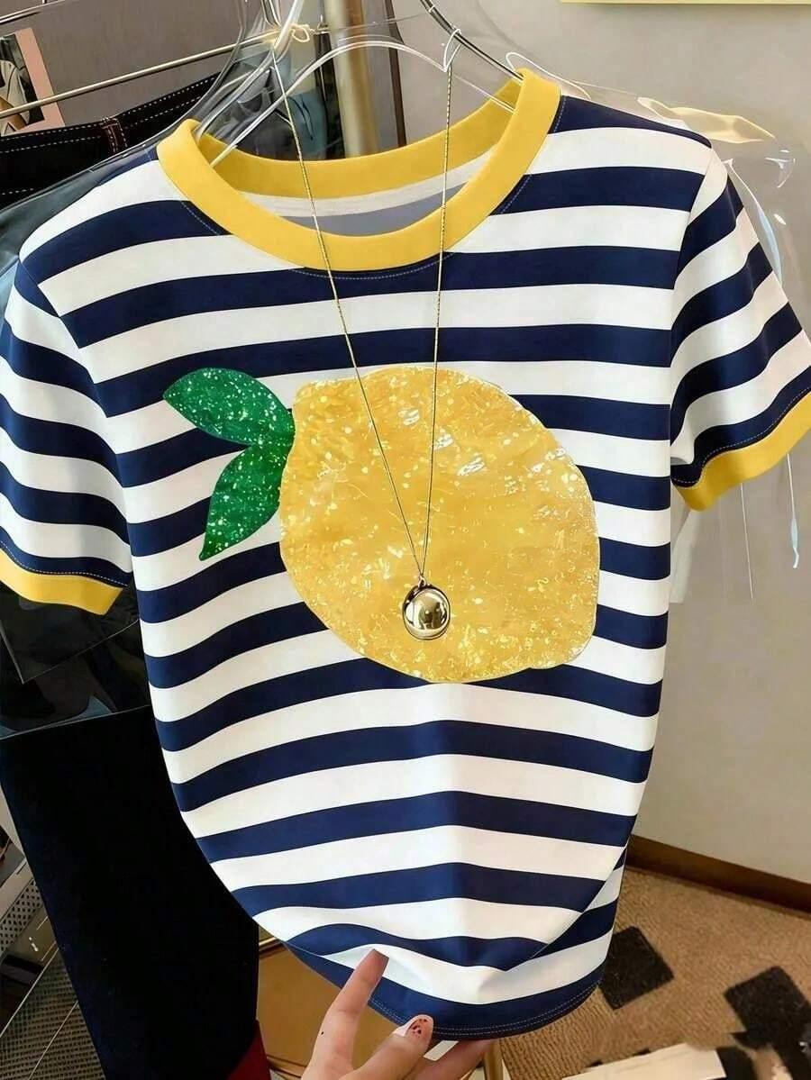 t-shirt paski kontrast cytryna