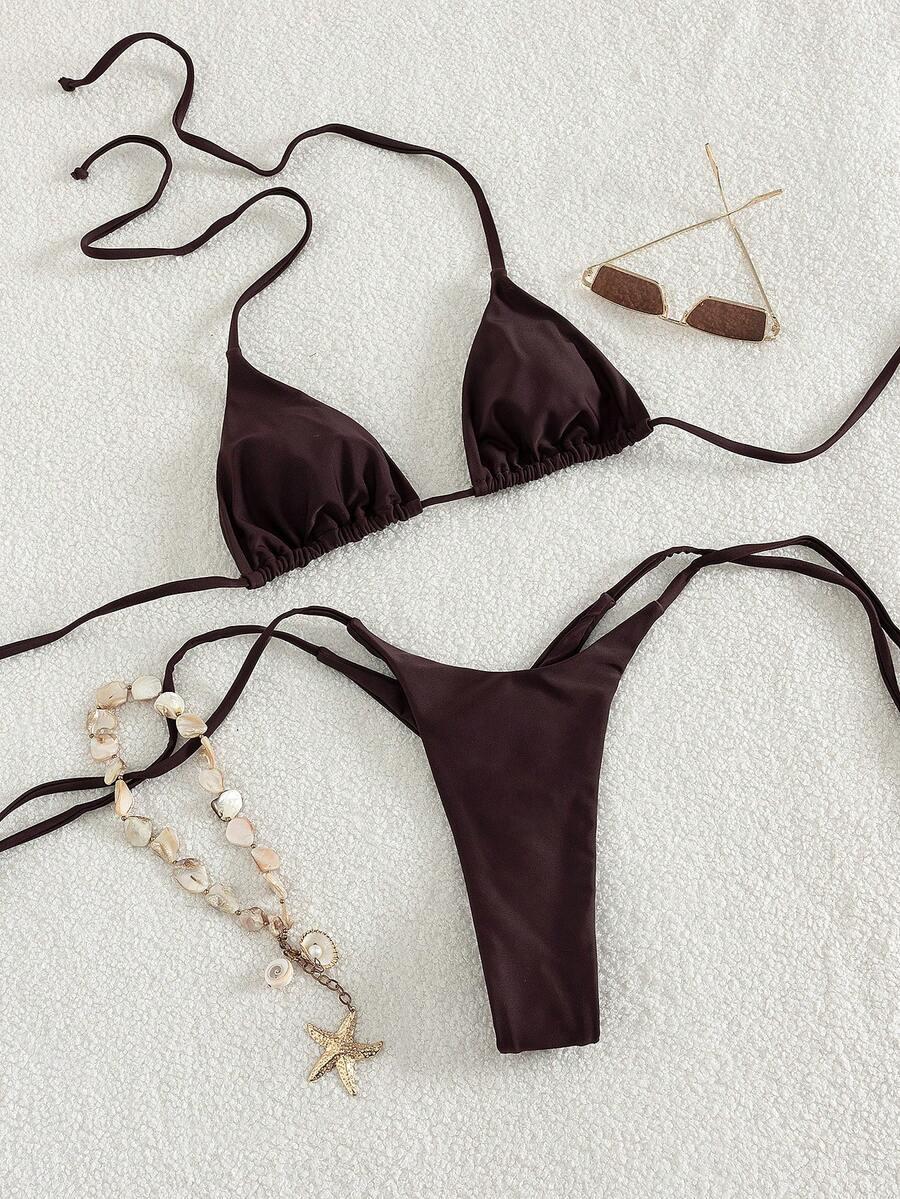 dwuczęściowy brązowy wiązany komplet bikini