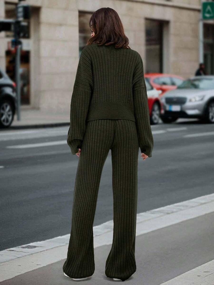 ZIELONY DZIANINOWY SWETER SPODNIE KOMPLET 