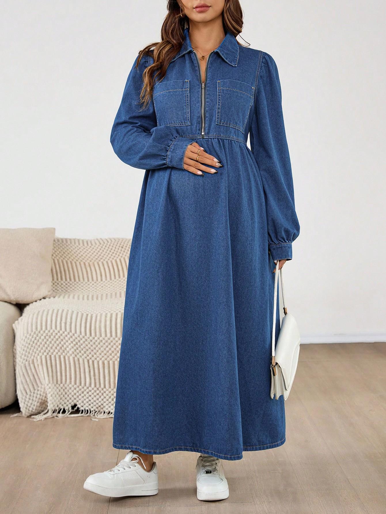 niebieska sukienka ciążowa jeans zamek