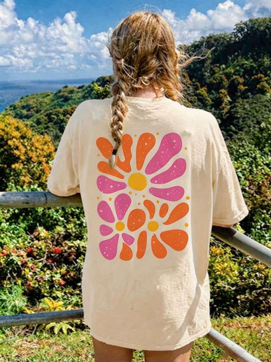 beżowy T-shirt okrągły dekolt