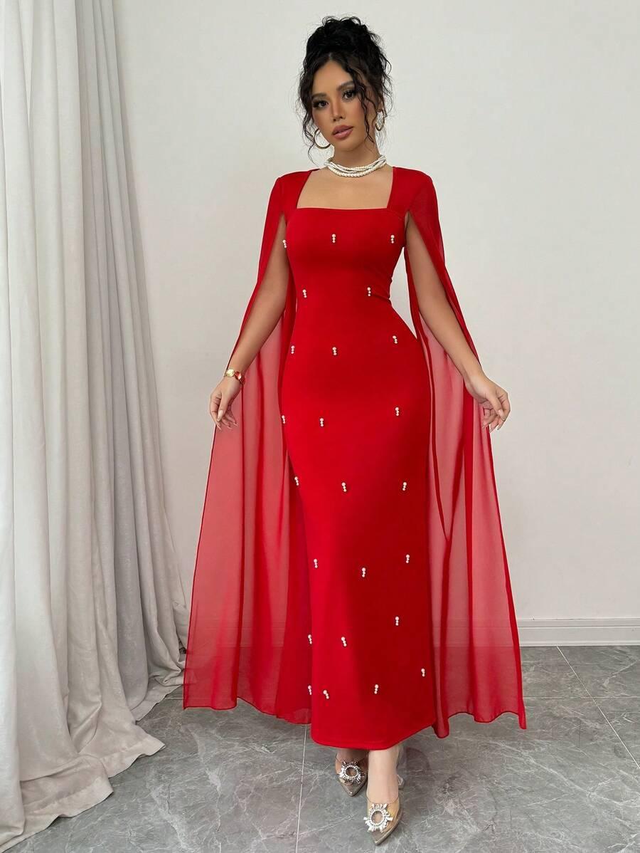 CZERWONA MAXI SUKIENKA ZDOBIENIA 