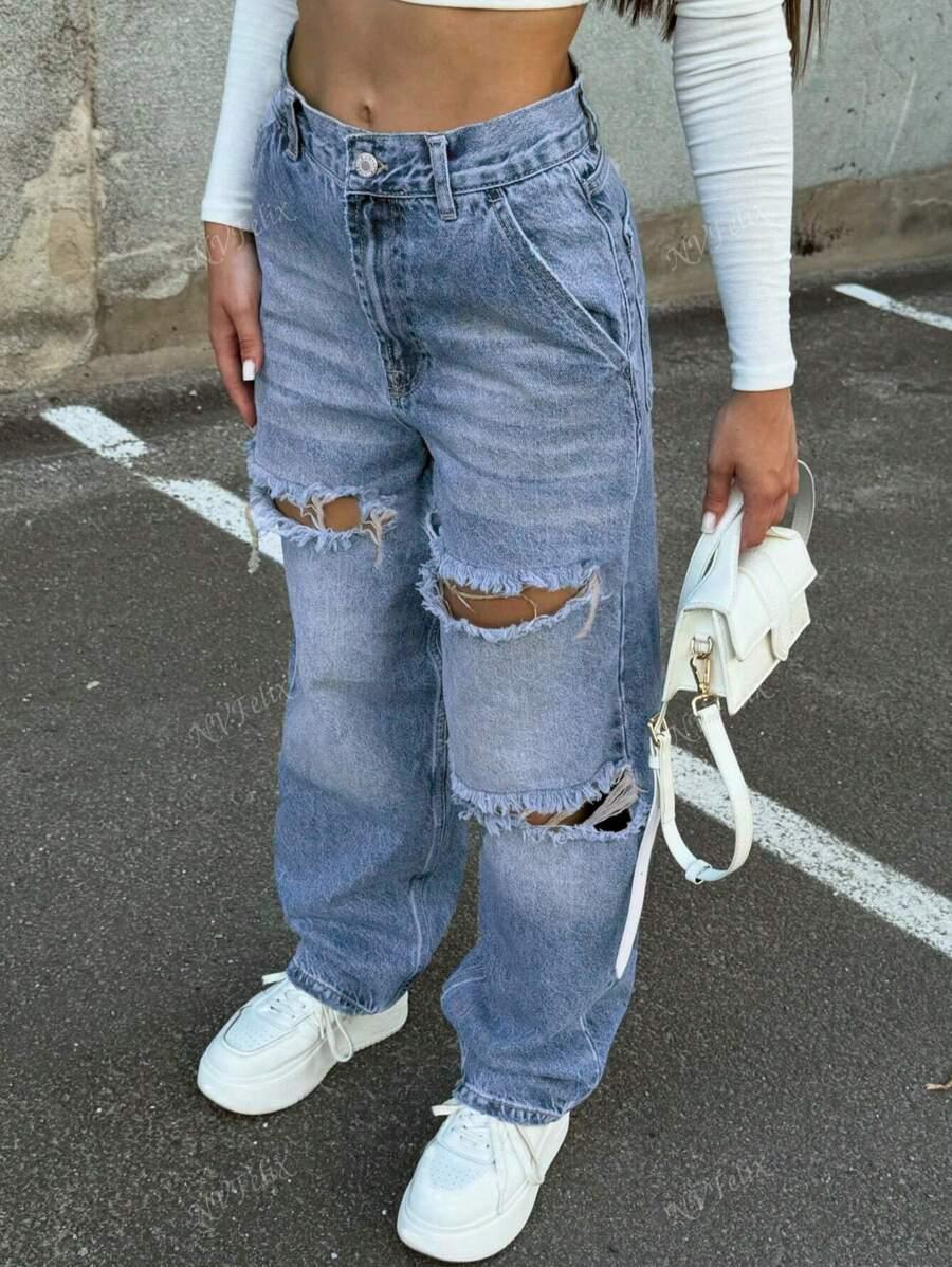 niebieskie spodnie jeans ripped