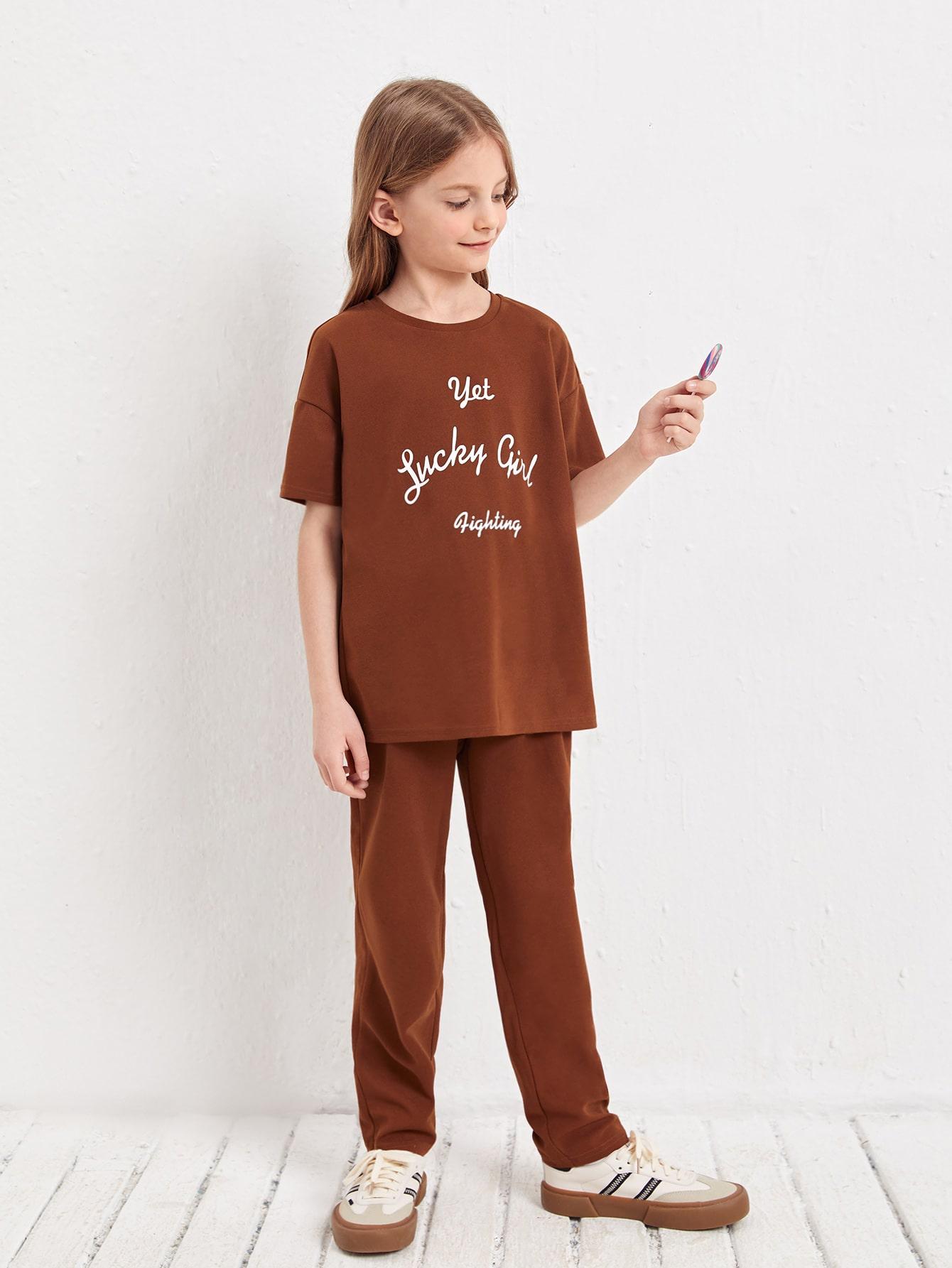 brązowy t-shirt spodnie komplet 