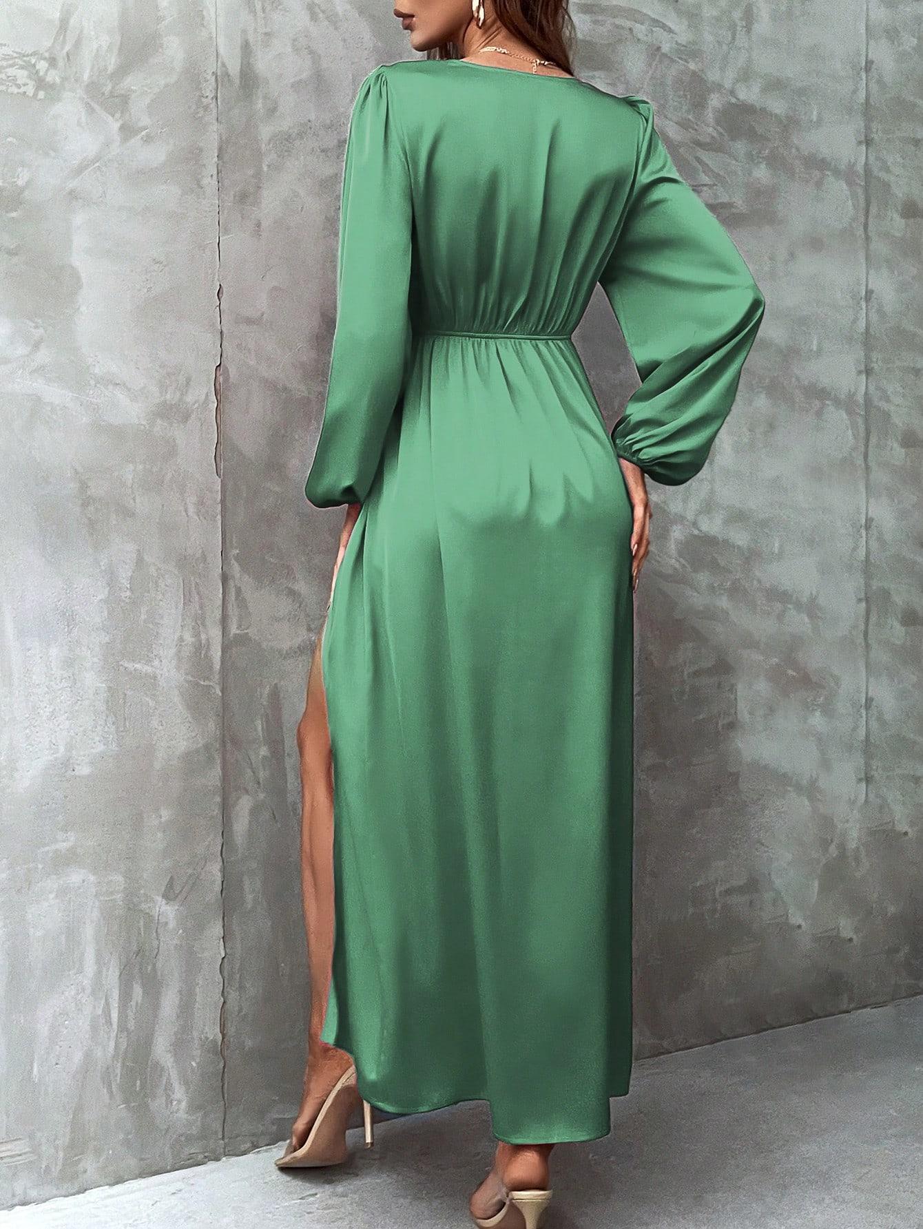 zielona maxi sukienka satyna długi rękaw