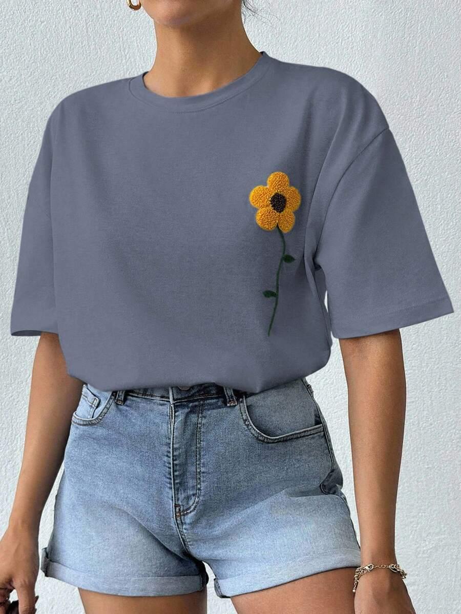 szary T-SHIRT HAFT KWIAT
