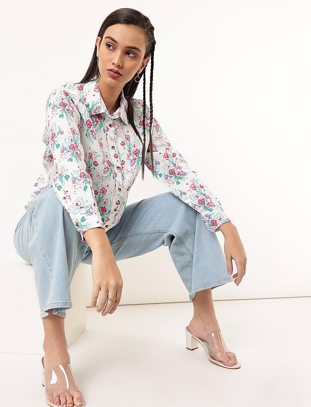 LNIANA KOSZULA WZÓR KWIATY T52-3613K-K4