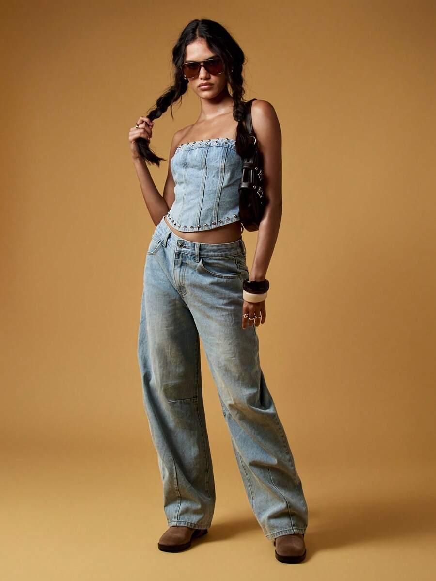 niebieski jeansowy top